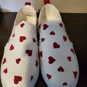Womens Red heart canvas slip on shoes. Size 10